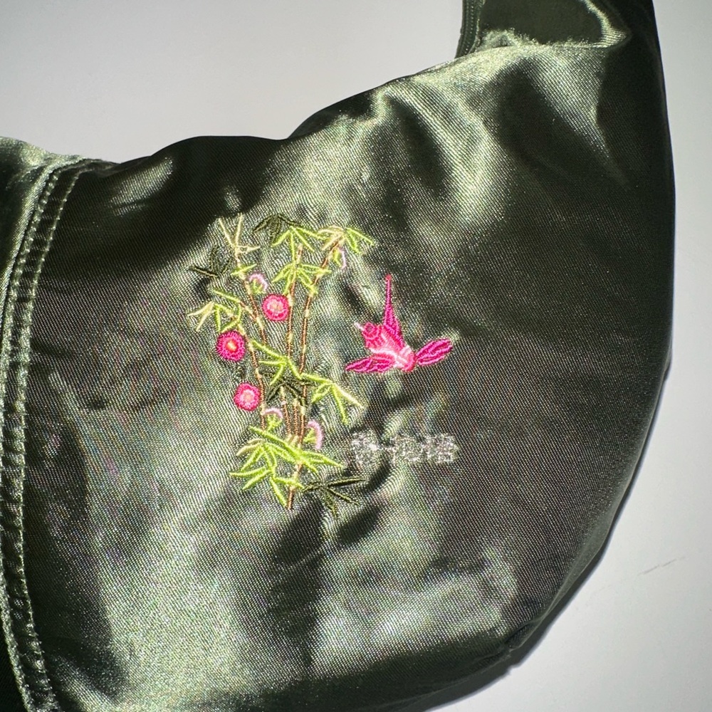 Vintage Y2K lei shiny Military purse embroidered colorful flowers & pretty bird - Picture 4 of 9